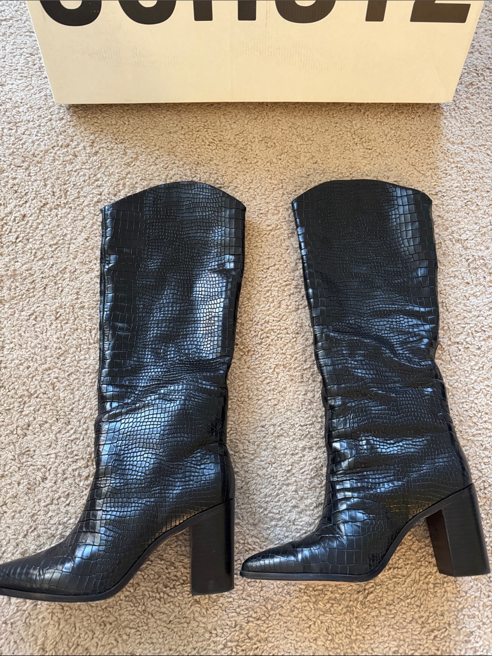 SCHUTZ Black Croc-Embossed Knee-High Boots - Picture 7 of 10